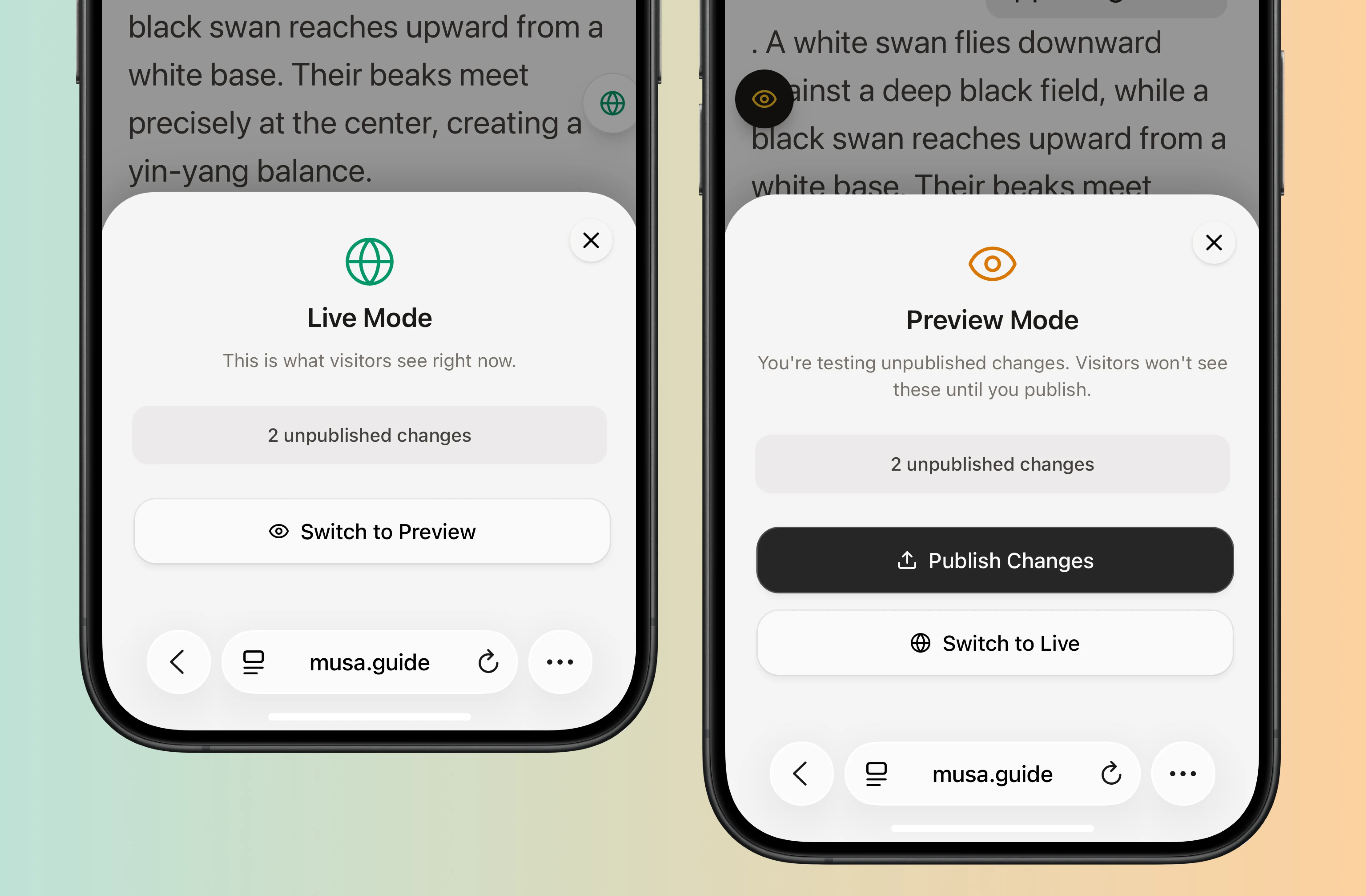 Side-by-side phone screens showing Live Mode and Preview Mode drawers in the tour app, each listing two unpublished changes