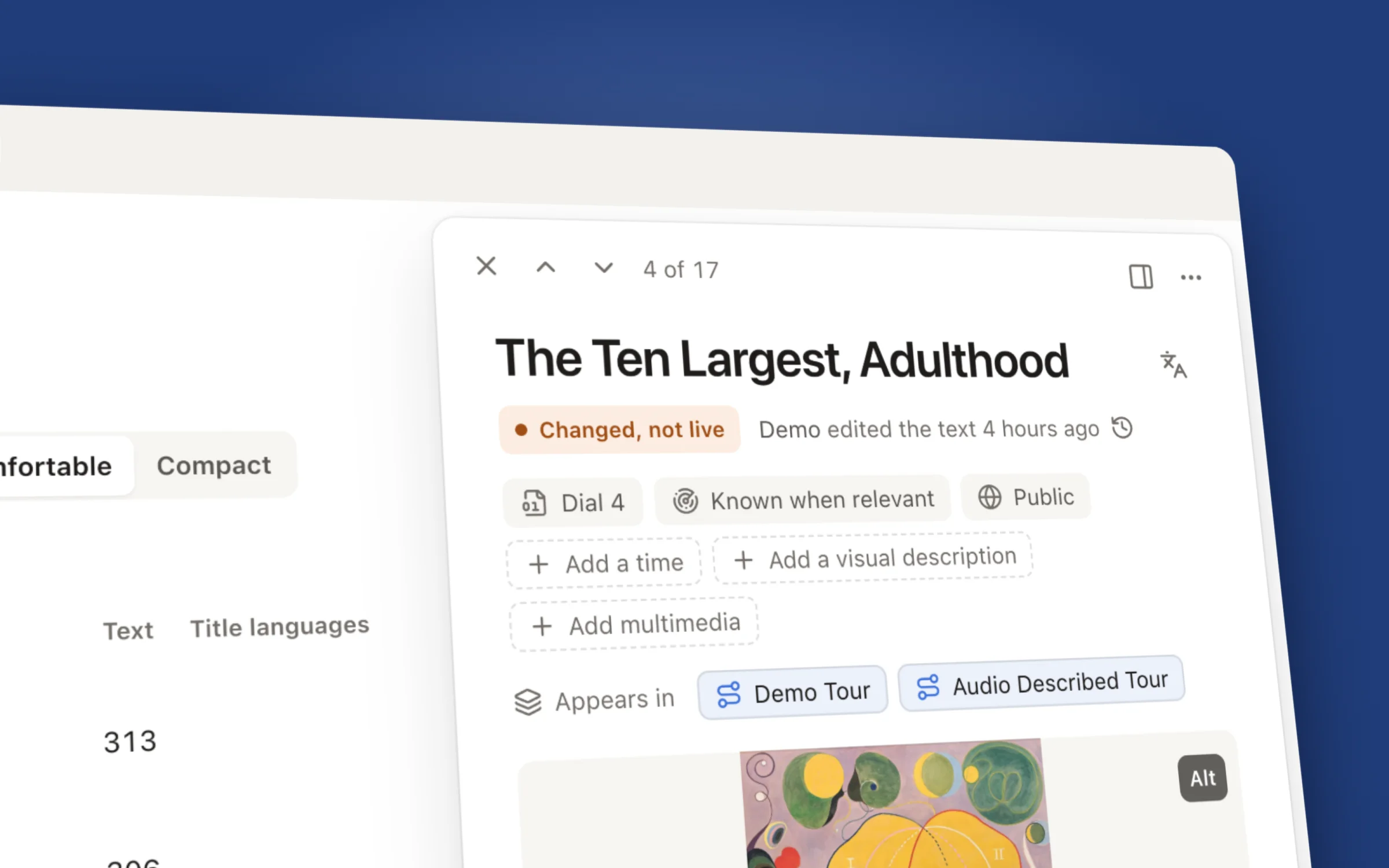 Close-up of a node open in Studio's side panel: the title The Ten Largest, Adulthood, an orange Changed, not live chip, and tags for its dial, privacy and the tours it appears in