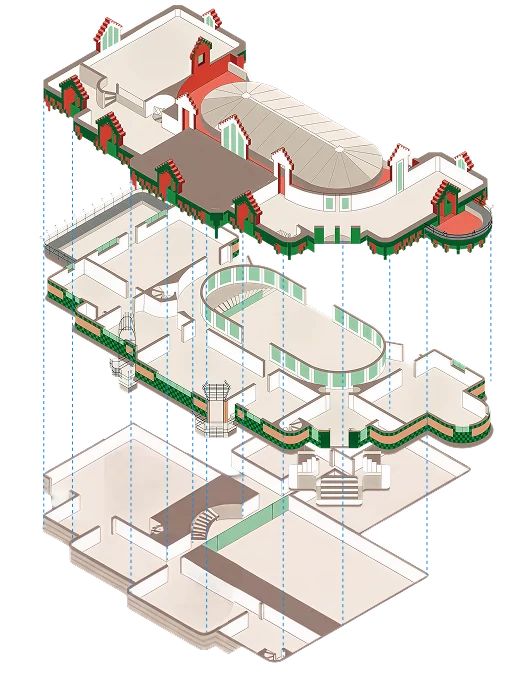 Exploded axonometric drawing of El Capricho across its three levels