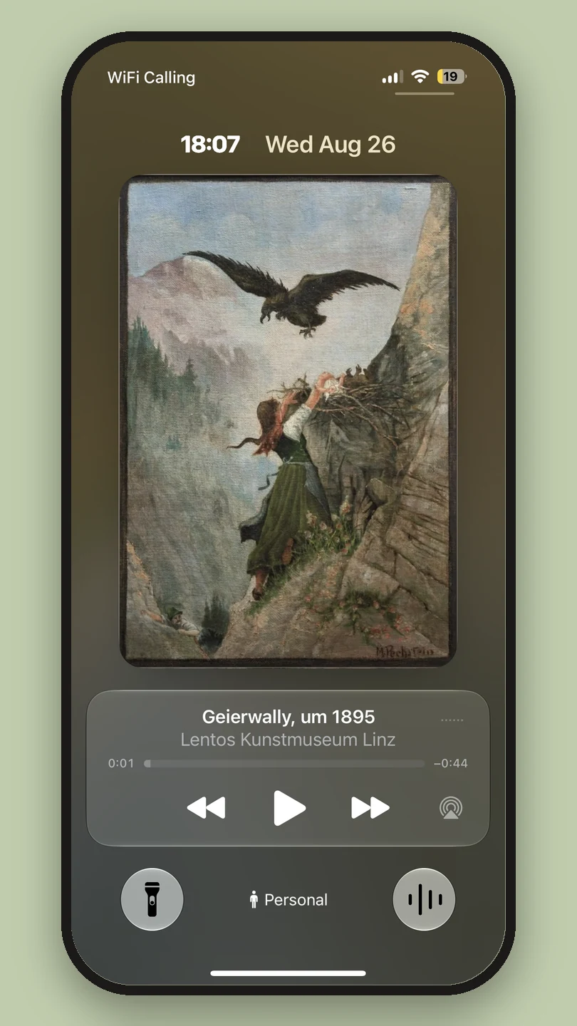 The guide playing on a locked iPhone, showing Geierwally, um 1895