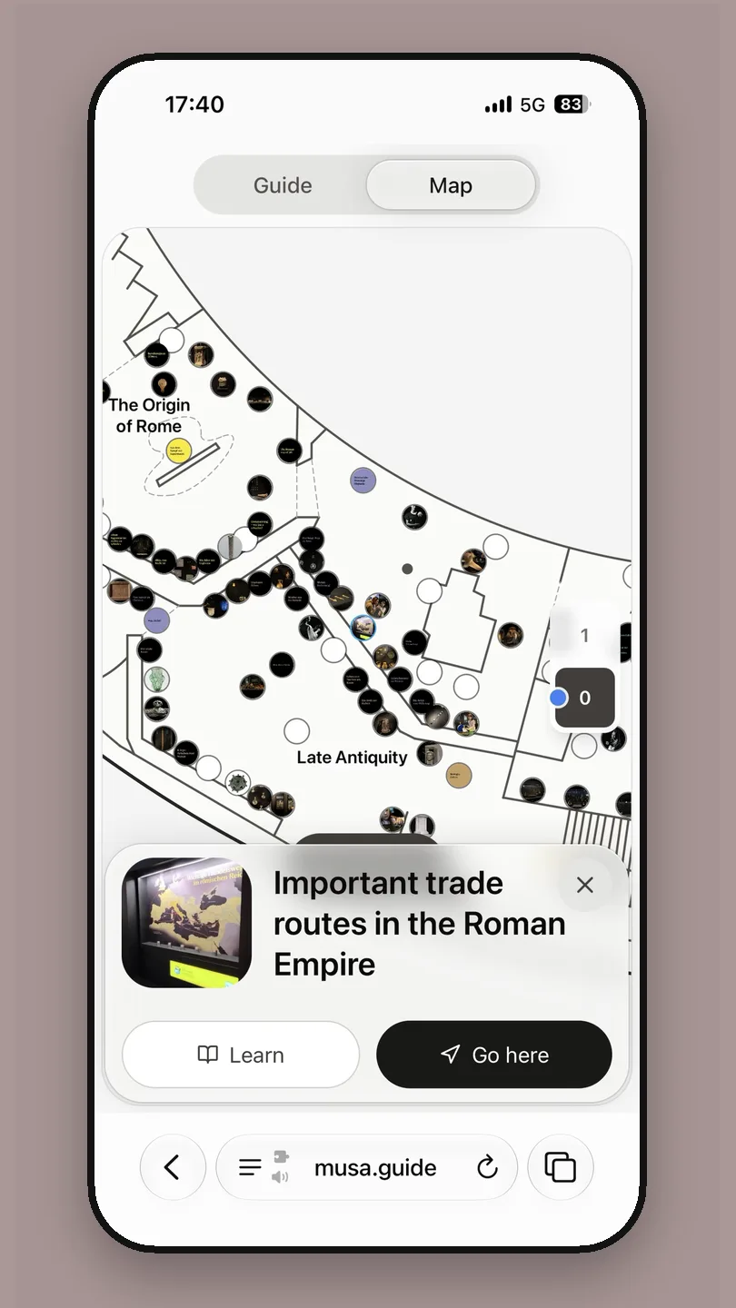 The guide's map of the RÖMER exhibition on a phone, with a stop selected and a floor switch