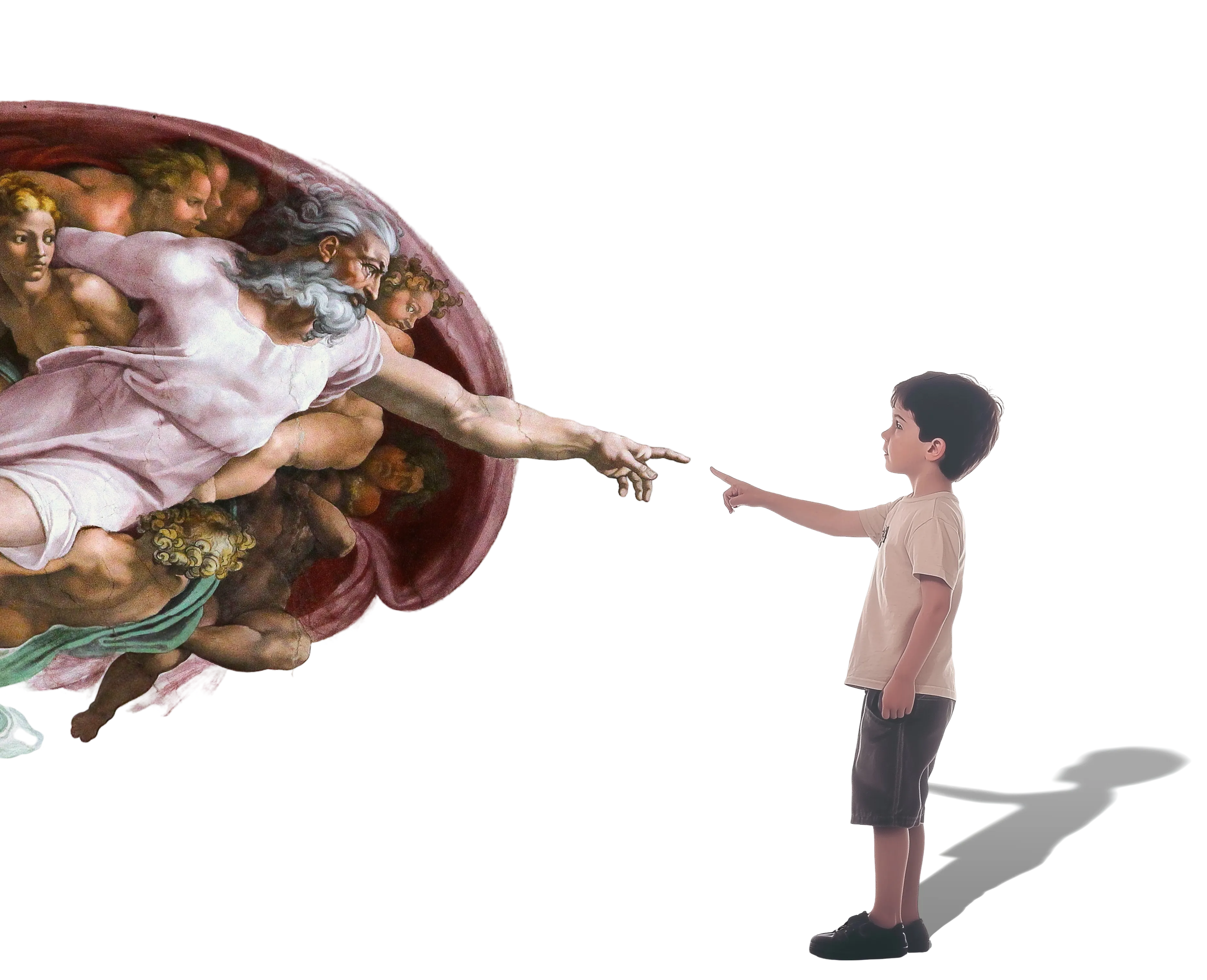A reimagined version of Michelangelo's Creation of Adam, where God, instead of reaching to Adam, reaches outside of the painting to a curious kid.