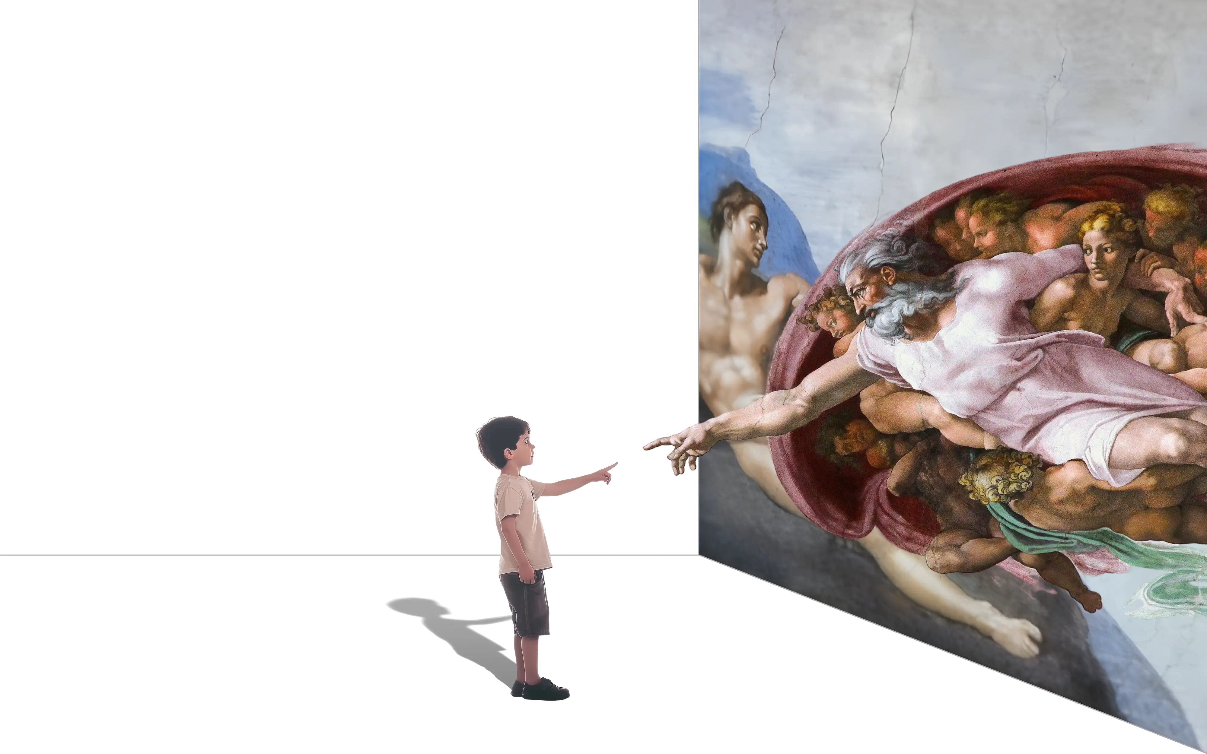 A reimagined version of Michelangelo's Creation of Adam, where God, instead of reaching to Adam, reaches outside of the painting to a curious kid.